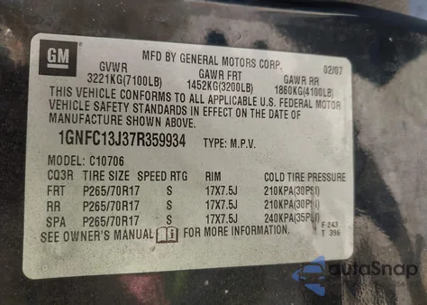 2007 Chevrolet Tahoe Lt from USA, damaged, VIN 1GNFC13J37R359934